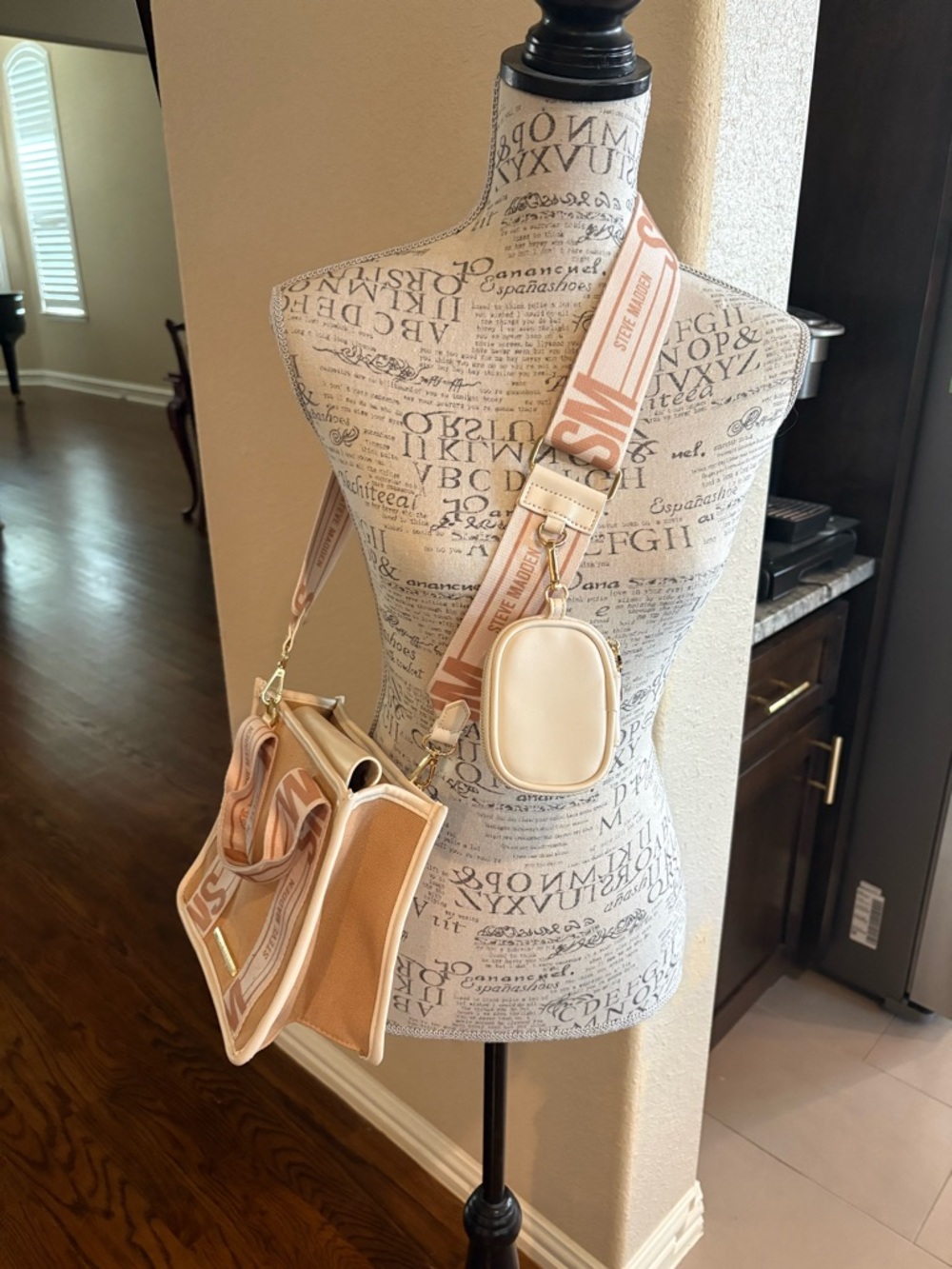 STEVE MADDEN Women’s Beige Crossbody Tote with Adjustable Logo Strap